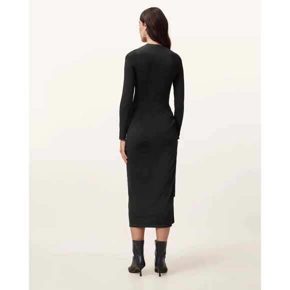 NEW, ALLSAINTS RIVI DRAPED LONG SLEEVE MIDI DRESS IN BLACK SIZE 8 US - Picture 3 of 7